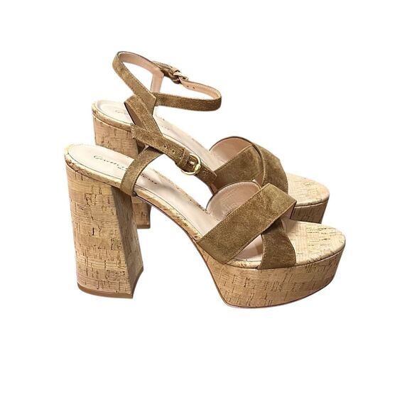 GIANVITO ROSSI BEBE CAMOSCIO+CORK Heeled Sandals in Biege NWB Size 41/ US 11 - Picture 6 of 10